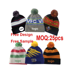 MOQ 10pcs Custom Logo Womans Designer Pompom Sport Adult Low MOQ Cheap Embroidered Knitted Custom Bobble Beanie Hat