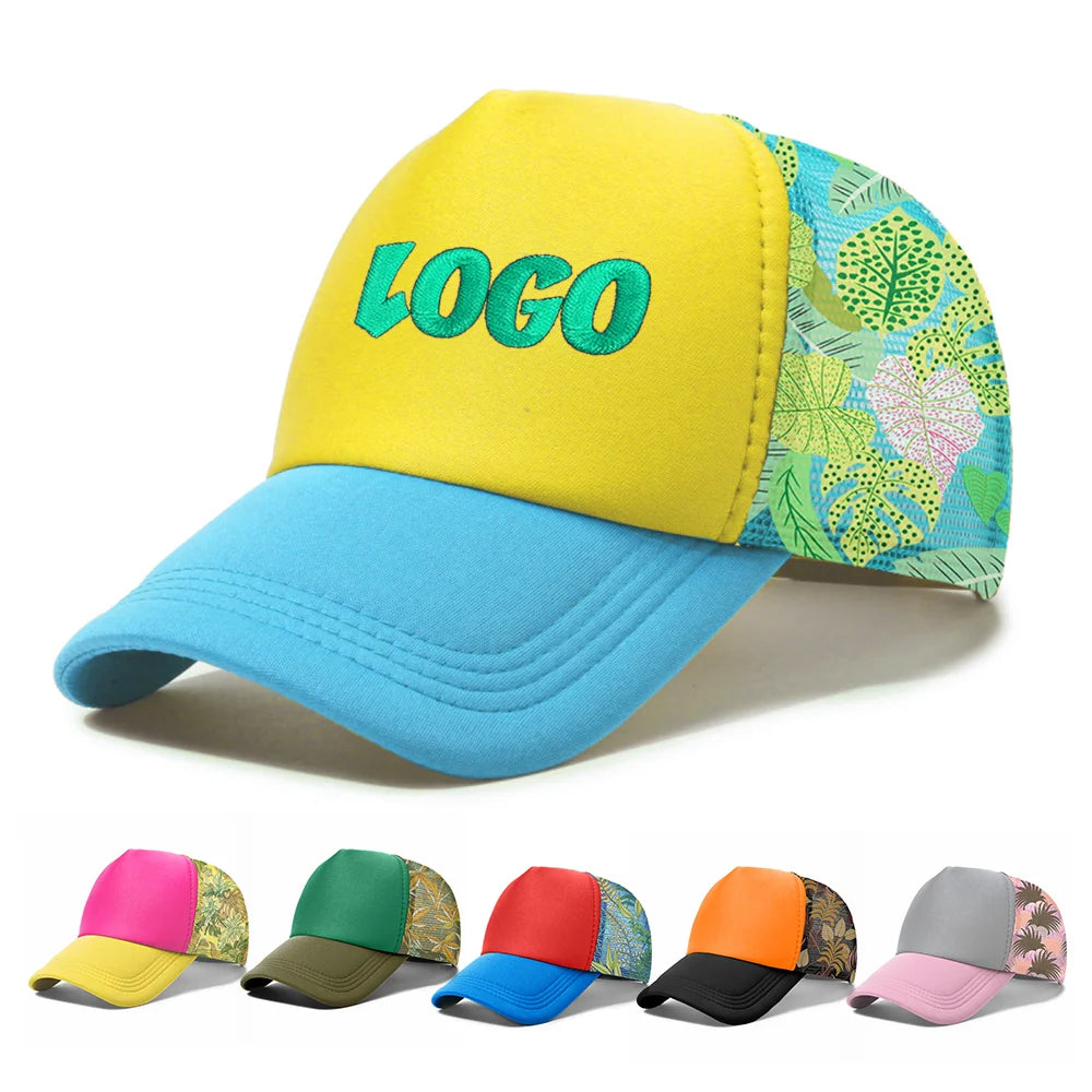 Customize Logo Unisex High Profile Mesh Side Striped Embroidery 5 Panel Trucker Hat Two Tone Blank Baseball Caps