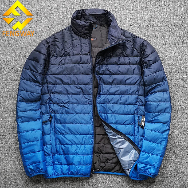 Custom Men Thin High Street Eco-Friendly Windproof Gradient Light Cotton Stand Neck Winter Hooded Quilted Jacket