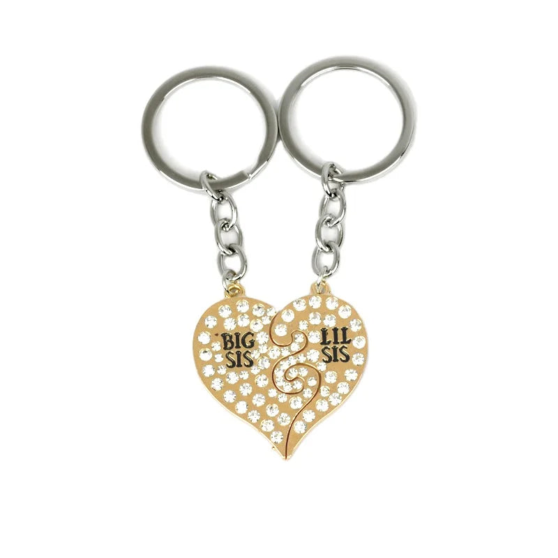 2pcs Christmas Gift Family Sisters Keychain Big Sis Little Sis Broken Heart Puzzle Key Holder for Bags Rhinestone Women Jewelry
