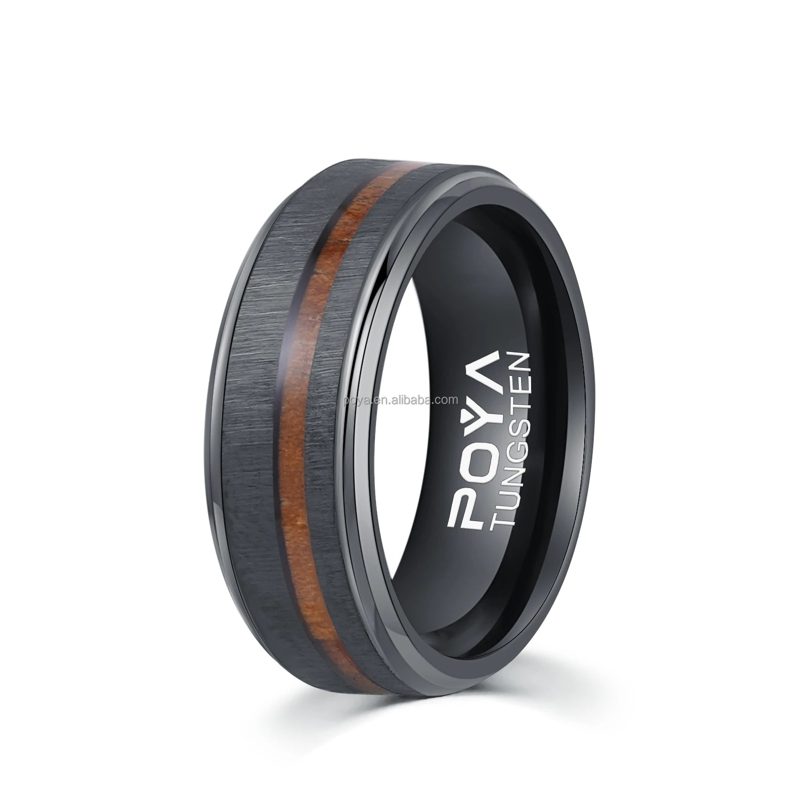 POYA Men's Tungsten Carbide Ring with Whiskey Wood Inlay Beveled Edges Engagement Jewelry