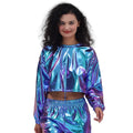 Women Shiny Laser Cropped Long Sleeve Pullover Sweatshirt Casual Plain Metallic Crewneck Sweatshirt Streetwear Disco Party