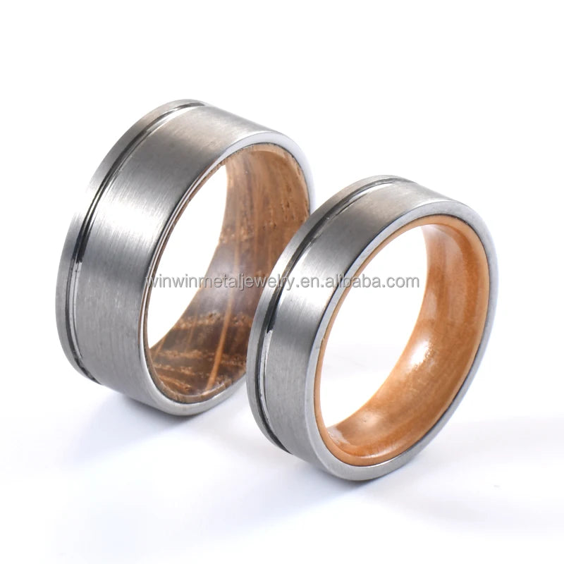 Men's 8mm & 6mm Tungsten Carbide Wedding Engagement Ring Silver Tungsten Ring with Olive Whiskey Wood Inlay for Male Jewelry