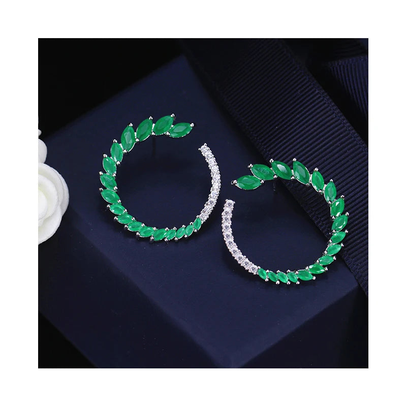 Emerald Green Zircon Earrings Women Luxury Rhodium Plated Fashion Emerald Green Diamond Big Circle Stud Earrings