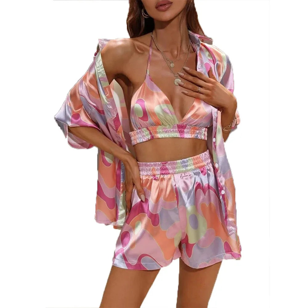KY Women's 3-Piece Sexy Sleepwear Allover Print Satin Crop Halter Top Shorts with Button Front Blouse for Summer