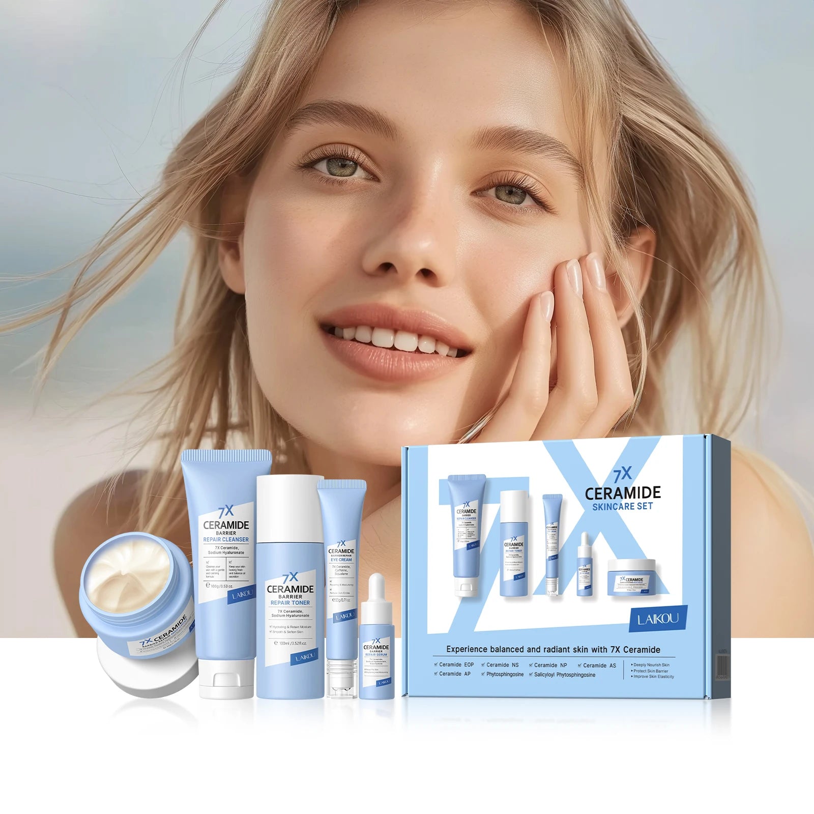 LAIKOU 7X Ceramide Barrier Repair 5PCS Premium Skin Care Collection Full Accessories Set for Chocolate Skin