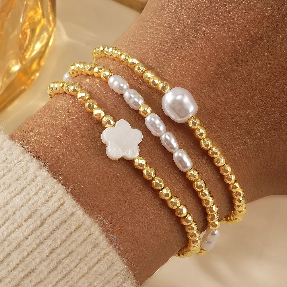 Go2boho Wholesale Fashion Handmade Cicekbileklik Women Jewelry Sea Shell Flower Charm Imitation Pearl Bracelet Set Gift for Her