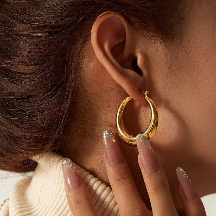 18k Gold Plated Stainless Steel Moon Design Hollow Light Tarnish Free Big Geometric Chunky Hoop Earring