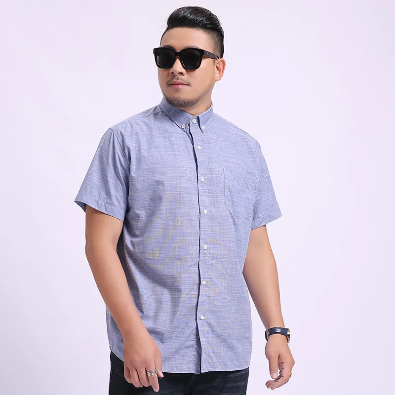 2023 Short-sleeved Shirt Men's Business Casual Slub Cotton Fat Man Fat Brother Thin Summer Shirt
