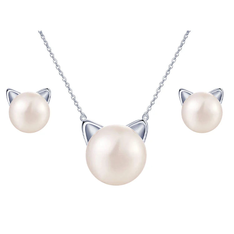 Pearl Earrings Necklace Set cat Kids Jewelry Sets 925 Silver