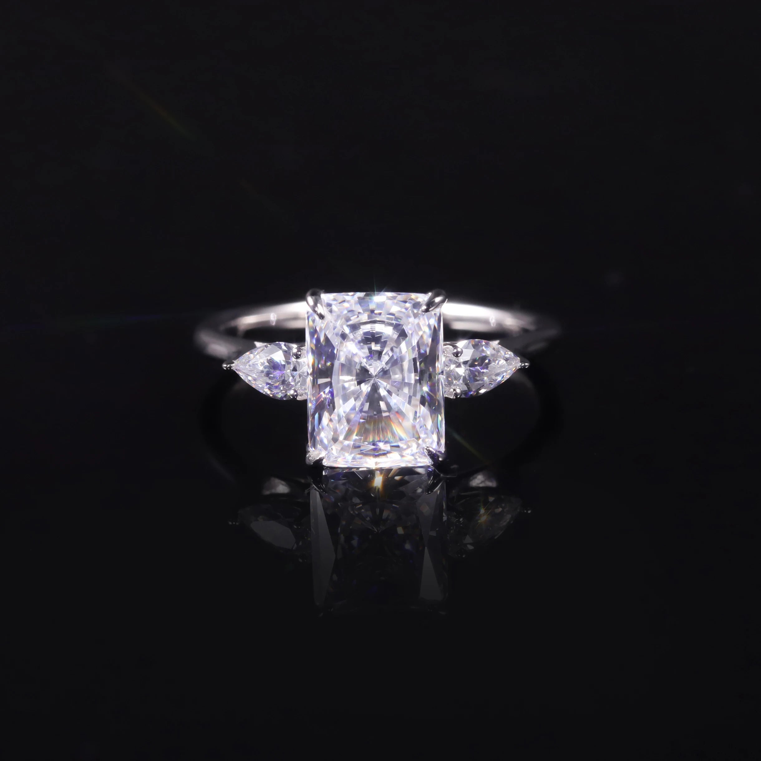 Abiding Custom Three Stone Ring Pear & Radiant Cut 7x9MM 4 Prong Setting 3CT Moissanite Diamond Ring Silver 925