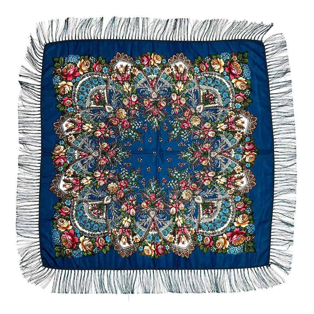 Hot Sale Stock Polyester Fringed Floral Printed Woman Square Shawl Kerchief Long Style Winter Scarf Adults Autumn Summer