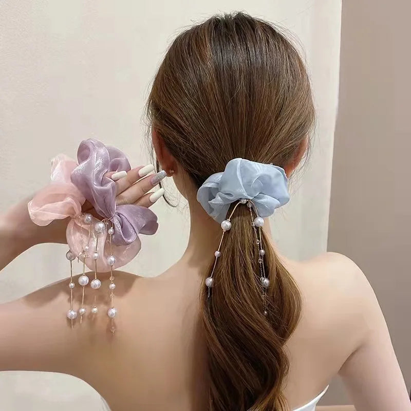 Tik Tok Hot Selling Korean Fashion Headbands Custom Large Satin Scrunchie Silk Pearl Tassel Scrunchies for Hijab