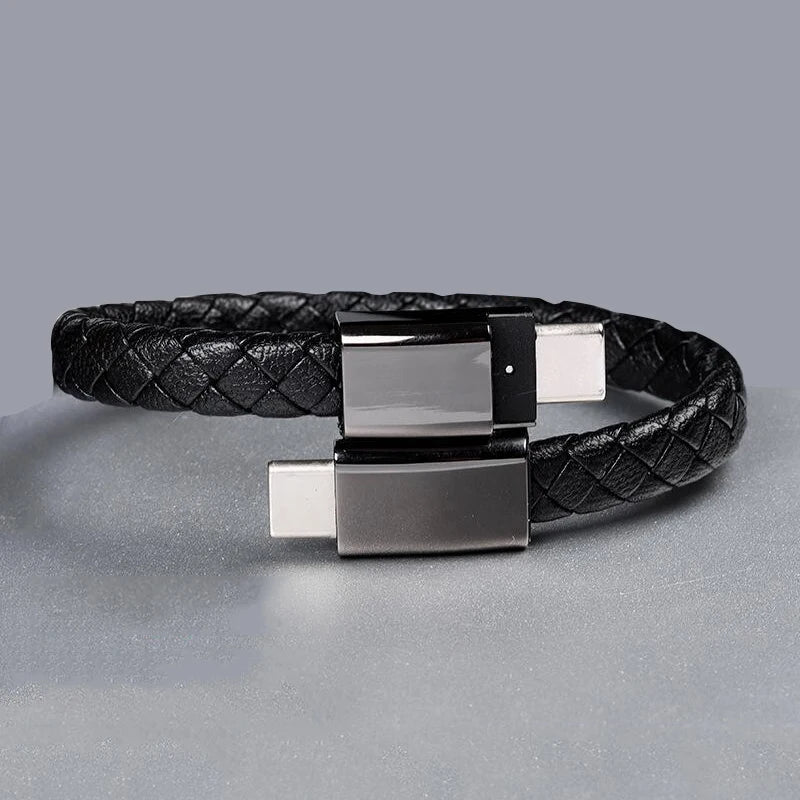 Wholesale Luxury Jewelry Gifts Mens USB Type C Fast Phone Charging Leather Bracelet Charger Cable