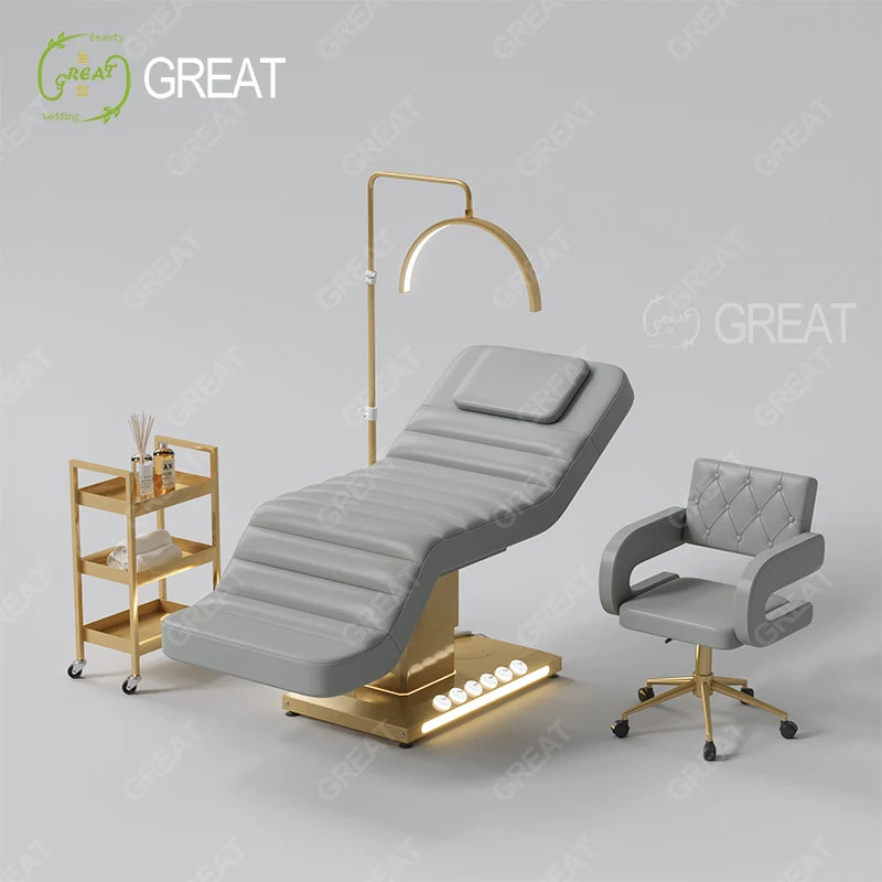 High Quality Modern 3 Motor Electric Facial Spa Massage Table Bed Adjustable Grey Gold Base Cosmetic Eyelash Bed with Lighting