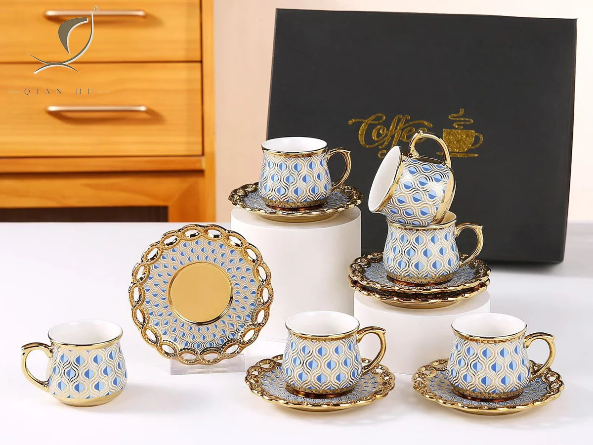 QIAN HU 2026 New Ethiopian Gold-Plated Ceramic Coffee Tea Cup Saucer Set High Eco-Friendly Drinkware Kitchen Christmas Stocked