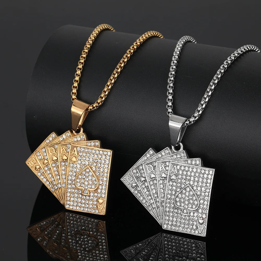Diamond Hip Hop Style Stainless Steel Pendant Geometric Playing Cards Necklace with Rope Chain Buddhist Religious Jewelry Gift