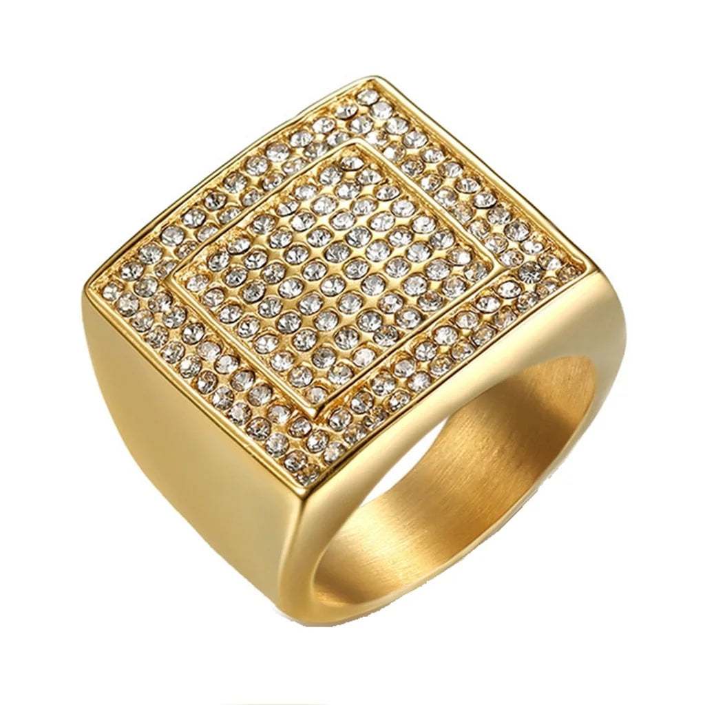 Rock Rapper Champion Hip Hop Jewelry Stainless Steel Geometric Square 5A Cubic Zirconia Bling Iced Out Men Ring
