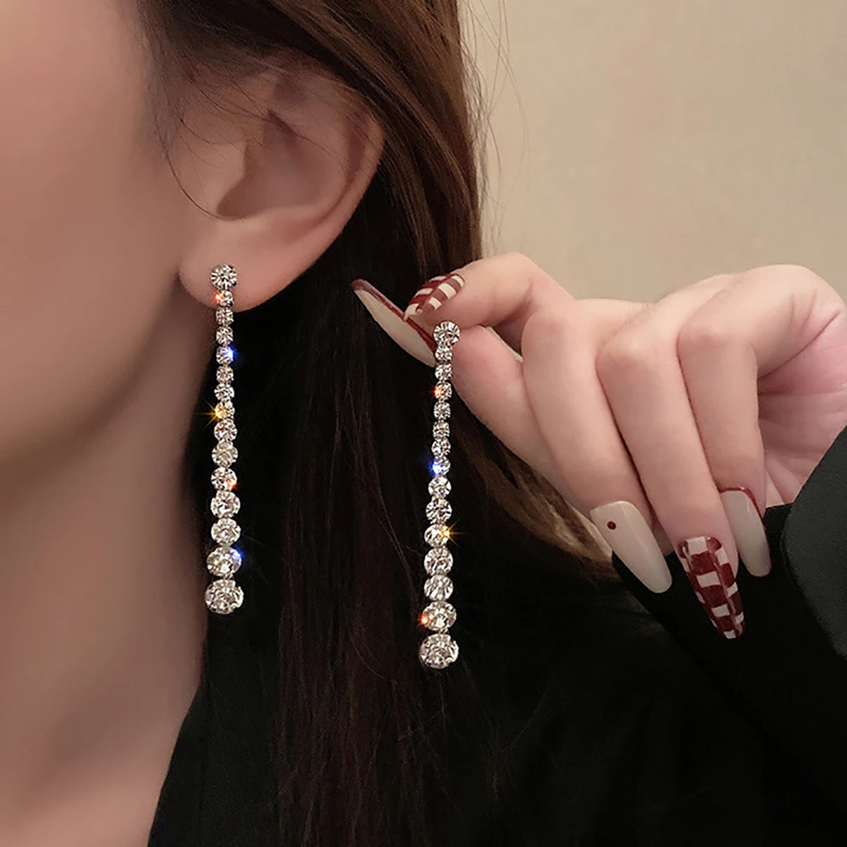 CAOSHI Custom OEM Round Long Row Design Cubic Zirconia Dangle Earring for Engagement Silver Plated CZ Pendant Earrings for Women