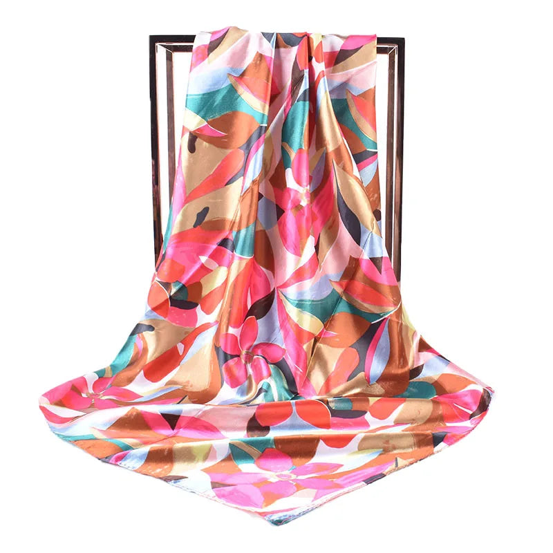 Custom Big Women Digital Printing Warm Satin Pure Silk Scarf 90 * 90cm Hair square Polyester Colored Leaf Scarves Ladies