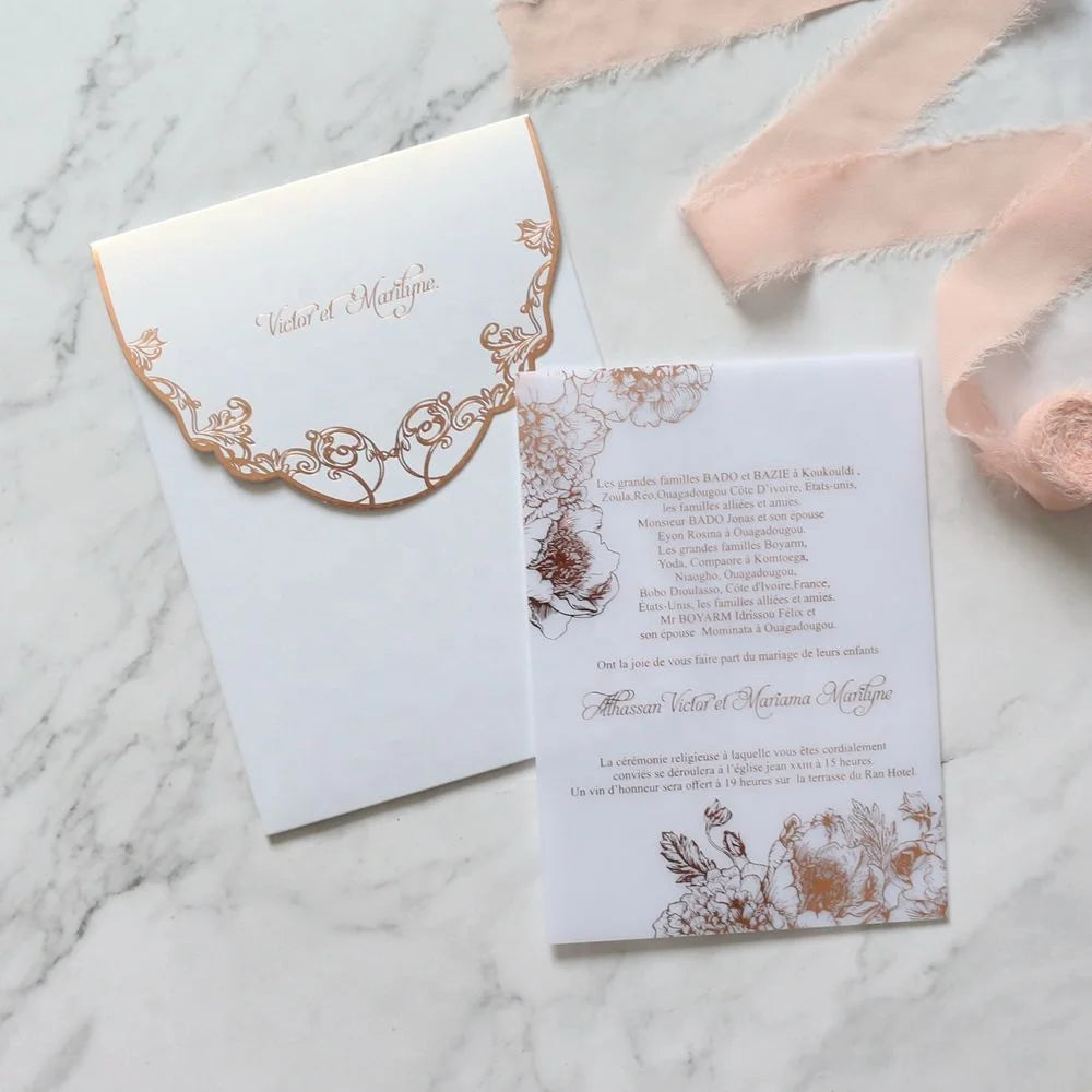 Modern DIY 5X7 Inches Elegant White and Rose Gold Acrylic Wedding Marriage Invitations With Paper Envelopes