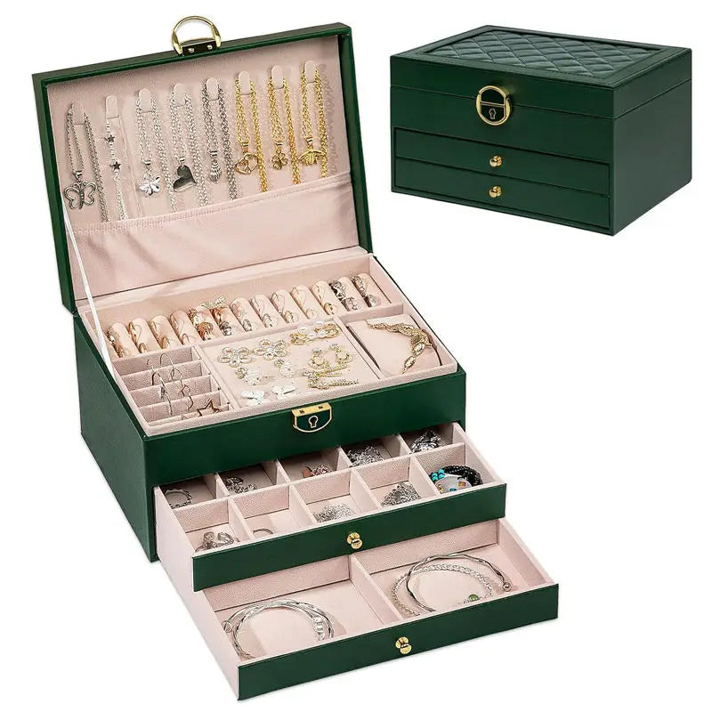 Wholesale Large 3 Layer Jewelry Box Organizer with Lock & 2 Drawers for Women Luxury Quilted Pu Leather Jewellery Storage Case