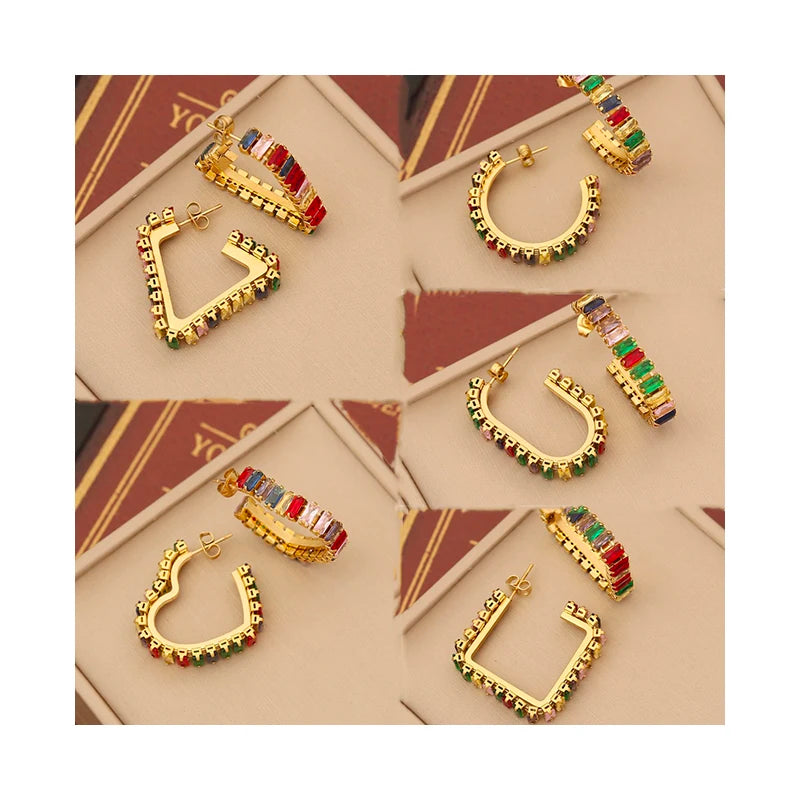 Fashion Mexican Jewelry Earrings Oro Laminado 18K Stainless Steel Rainbow Huggies baguette Cubic Zirconia Hoop Earring