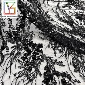 Fashion Black Color Embroidery Beaded Lace Fabric Wedding Bridal Lace Dress Fabric Beads Sequin Laces Fabrics for Women