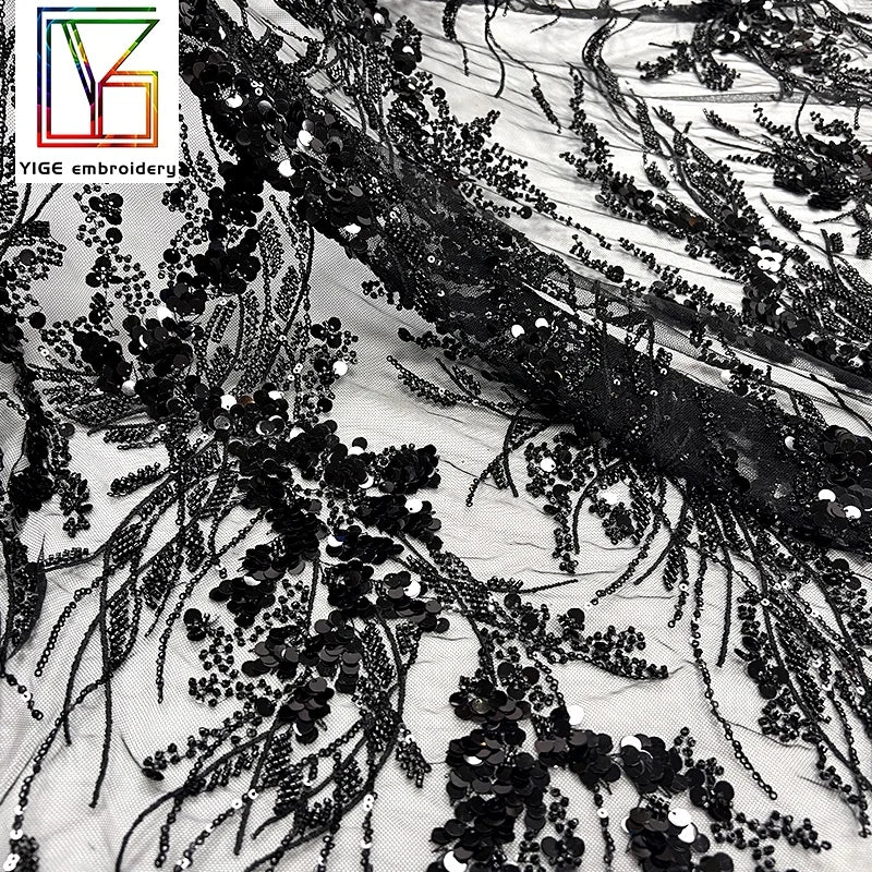 Fashion Black Color Embroidery Beaded Lace Fabric Wedding Bridal Lace Dress Fabric Beads Sequin Laces Fabrics for Women