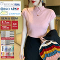 New Semi-turtleneck Women Short Sleeves Knit T-shirt Plain Color Girl Round Neck Tight-fitting Sweater Tops Knitwear