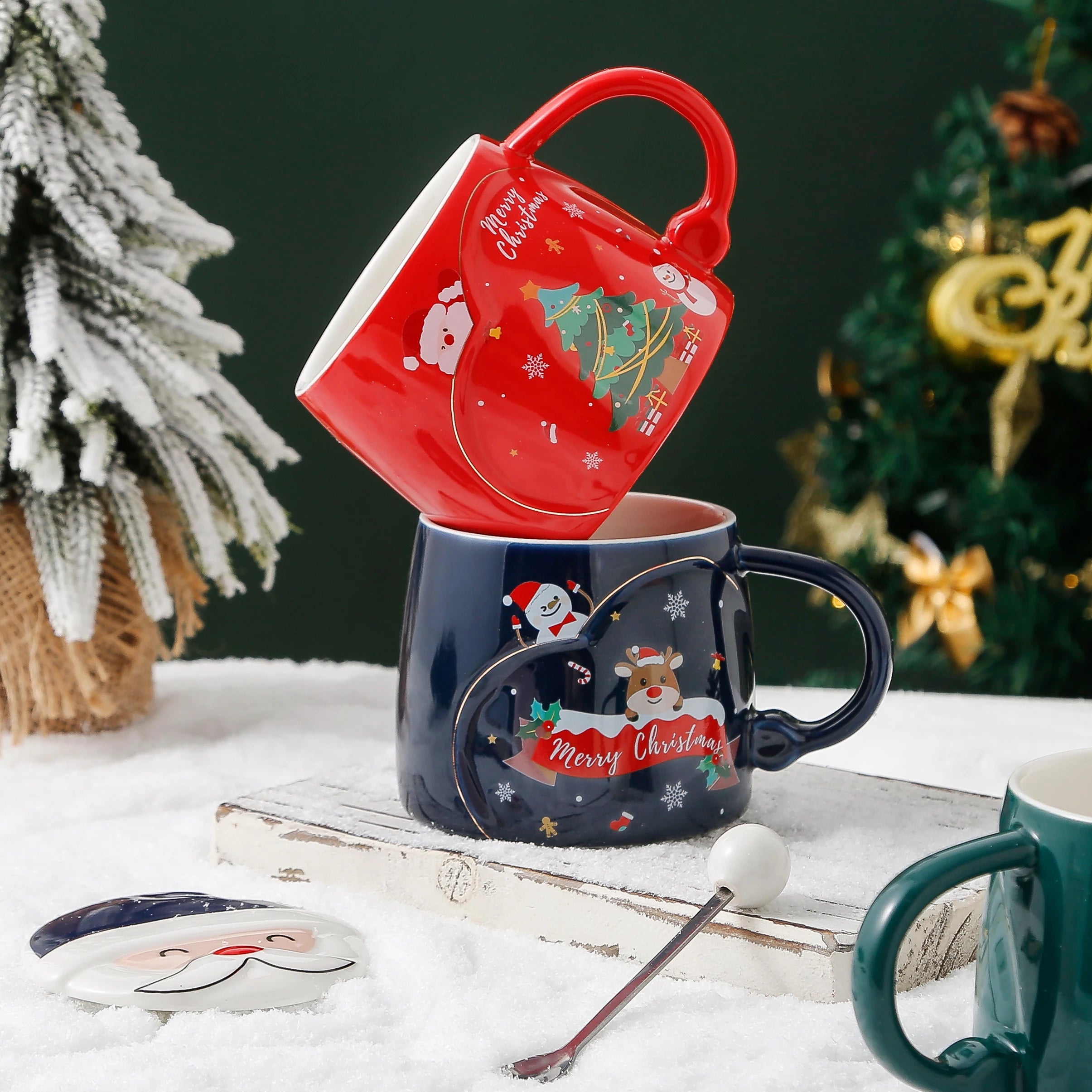 Creative Christmas Ceramic Mug with Lid Spoon Large Capacity Household Cute Coffee Mug Cup with Lid Christmas Gifts