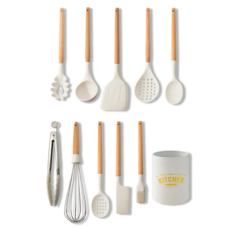 11pcs Kitchen Cooking Ware Set Silicone Cooking Tools Wood Handle Silicone Kitchenware Utensils Set