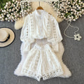 LW0864 Women'S Retro Lantern Long-Sleeved Stand-Up Collar Hollow-Out Lace Top Two-Piece Set of High-Waisted Two-Piece Suit