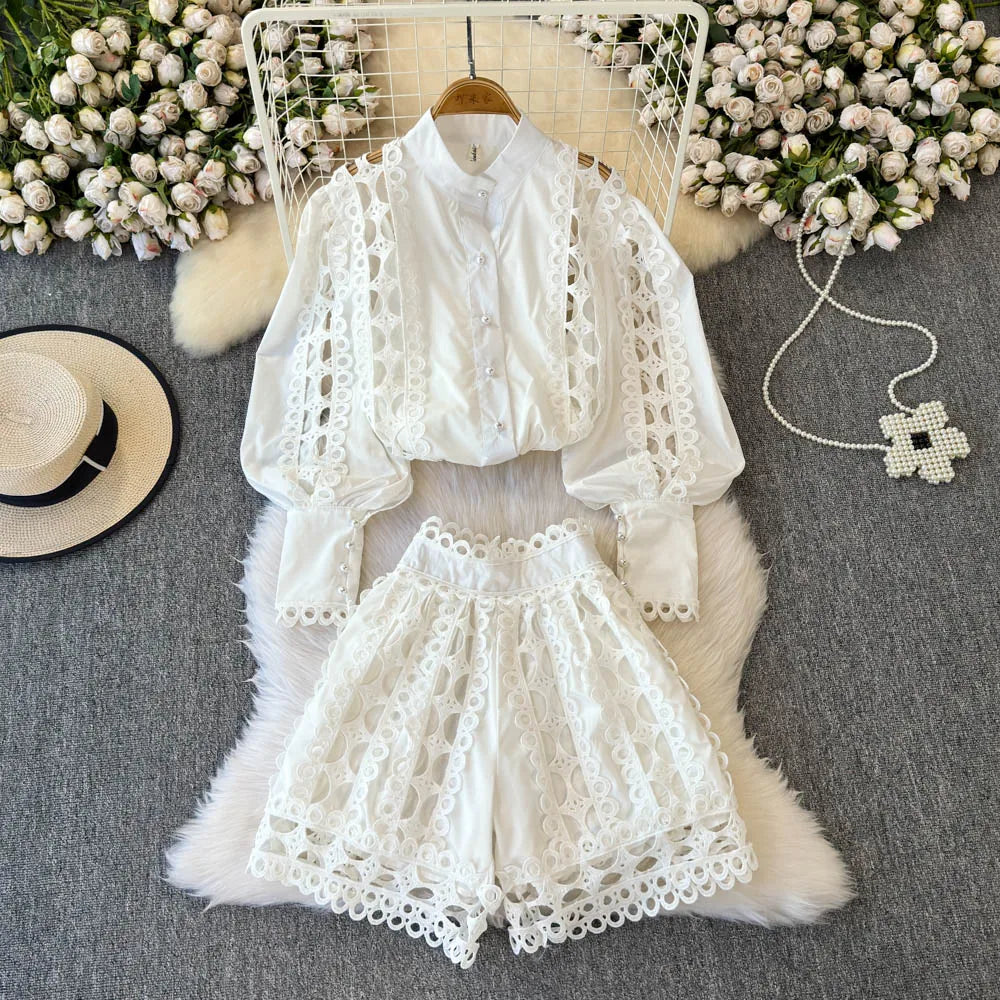 LW0864 Women'S Retro Lantern Long-Sleeved Stand-Up Collar Hollow-Out Lace Top Two-Piece Set of High-Waisted Two-Piece Suit