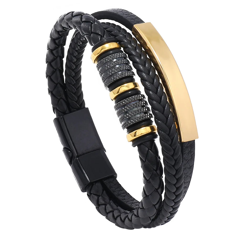 New Woven Leather Rope Bracelet Fashion Titanium Steel Charm Bracelets Classic Style With Magnetic Attraction Bracelets for Men
