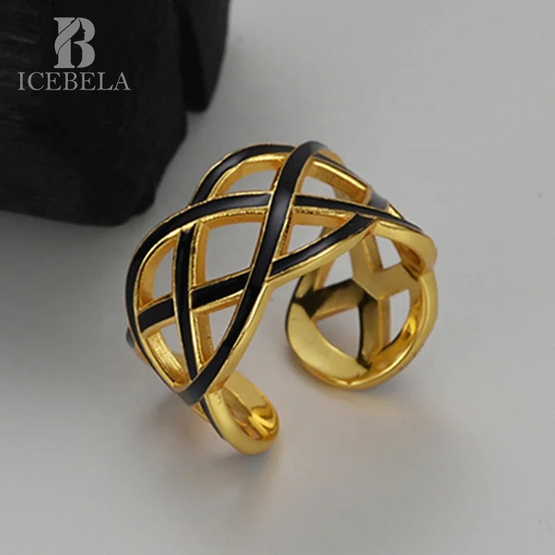 ICEBELA Jewelry European Style Minimalist S925 Sterling Silver Geometric Hollow Line Winding Ring Female Open Enamel Ring