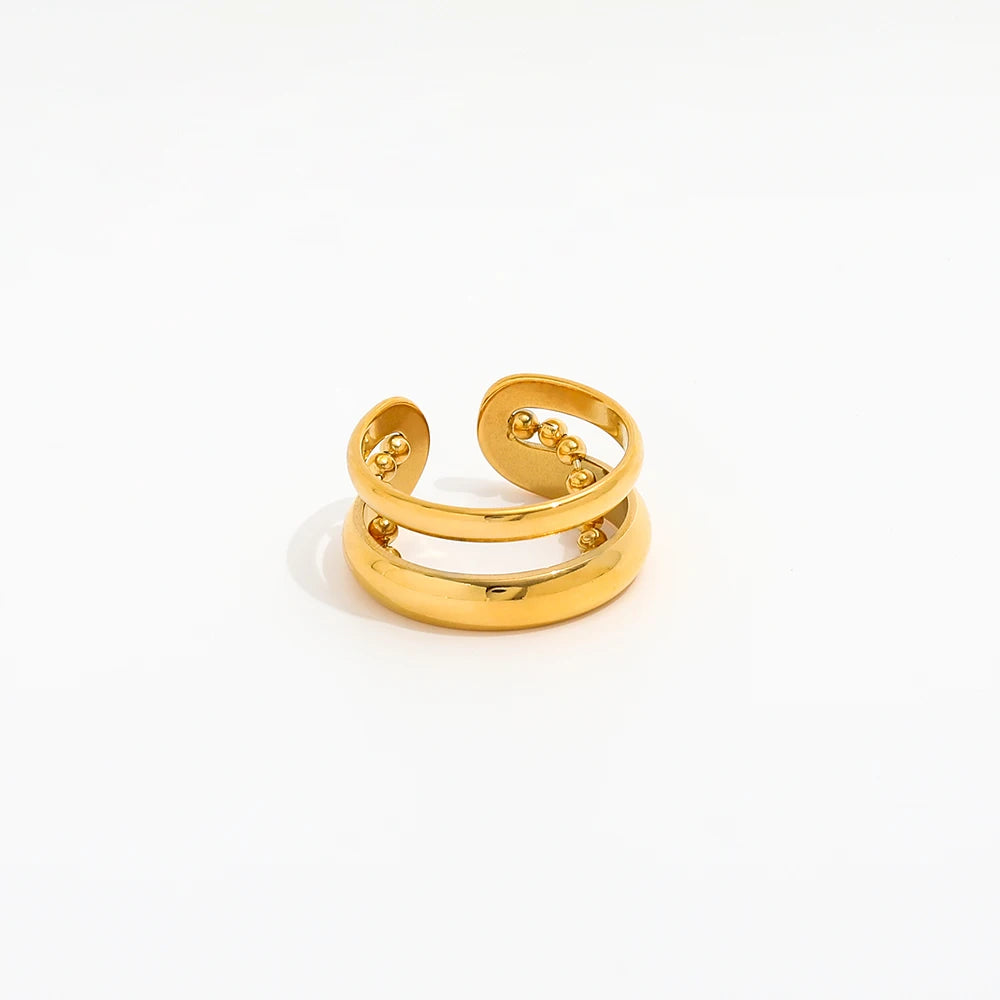 High End 18K PVD Gold Plated Double Cabochon Beads Open Rings Stainless Steel Women Rings Tarnish Free Jewelry