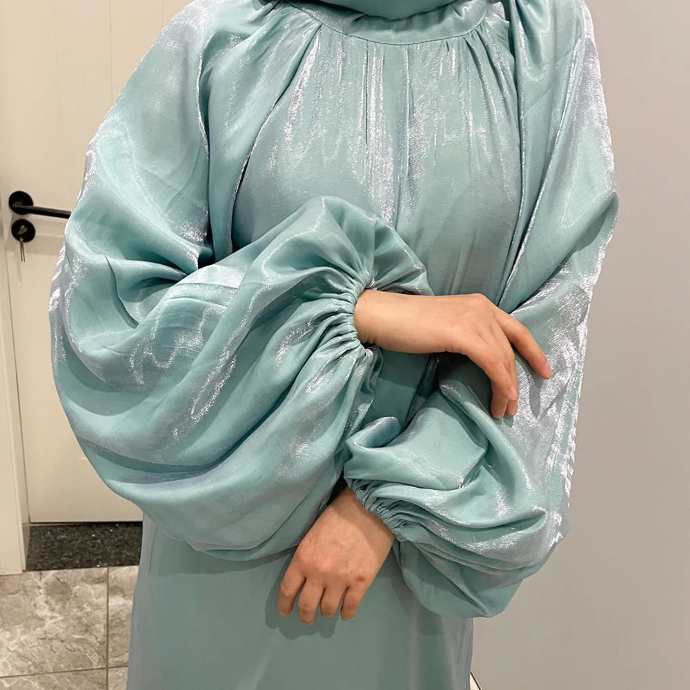 New Design Big Lantern Sleeves Satin Abaya Dubai Style Dress Muslim Dubai Turkey Kaftan Abaya