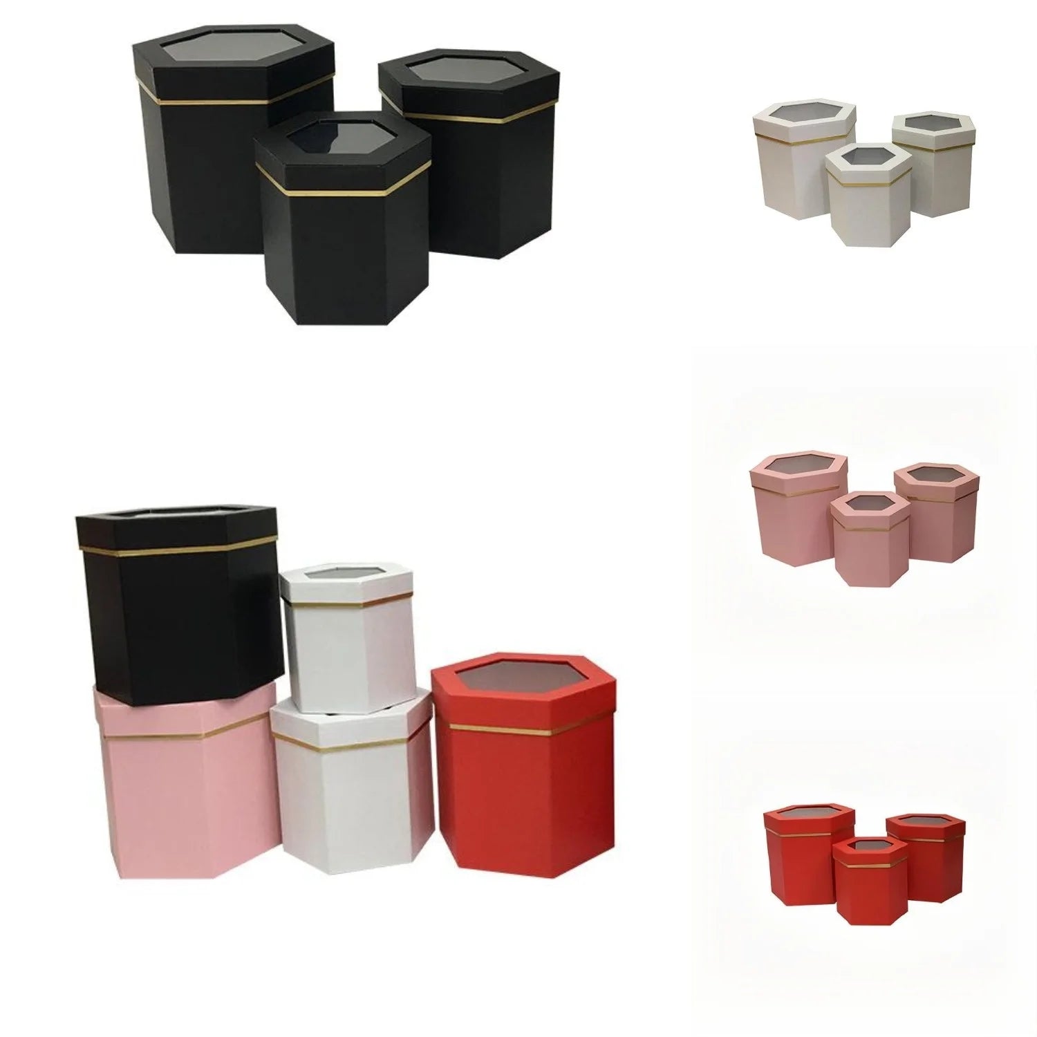 Set of Three PVC Transparent Window Hexagonal Flower Box Embossed Matt Lamination for Gift Giving