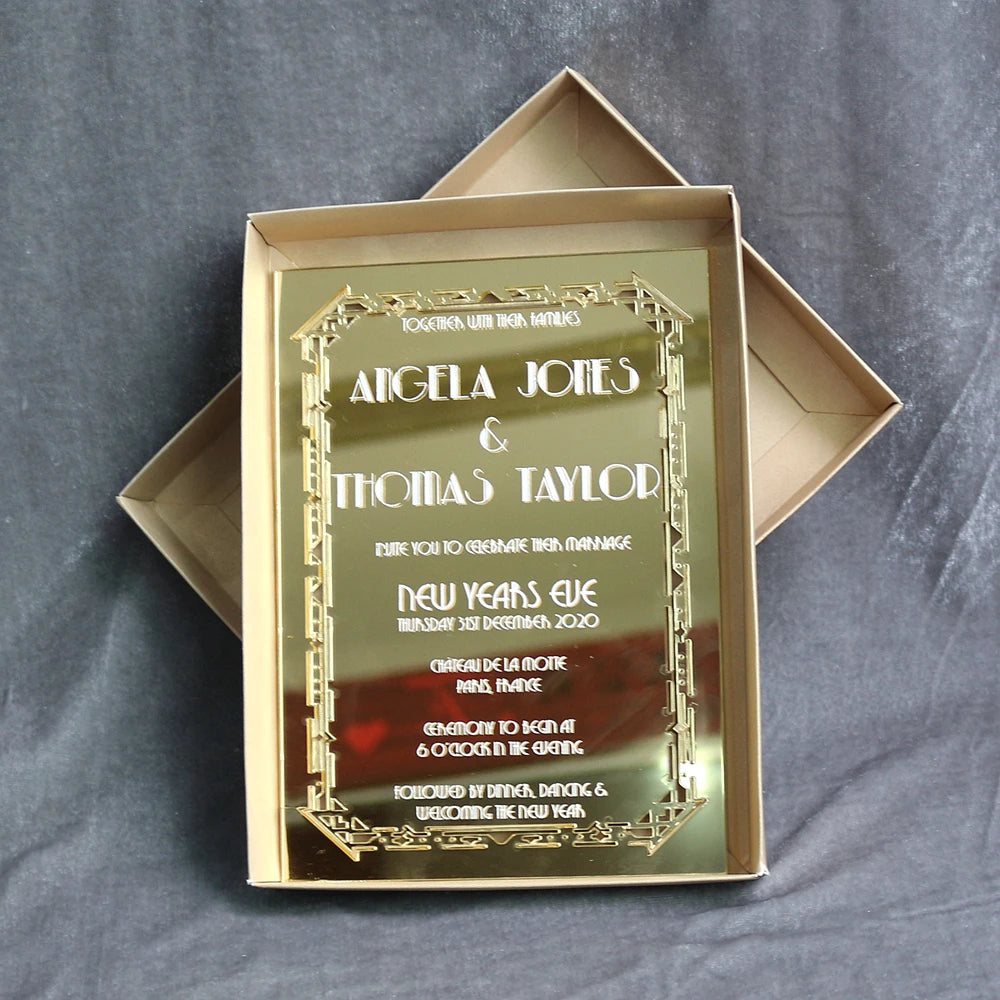 New Laser Cut Acrylic Card White Hot Stamping Foil Custom Hollow Out Gold Mirror Acrylic Invitations