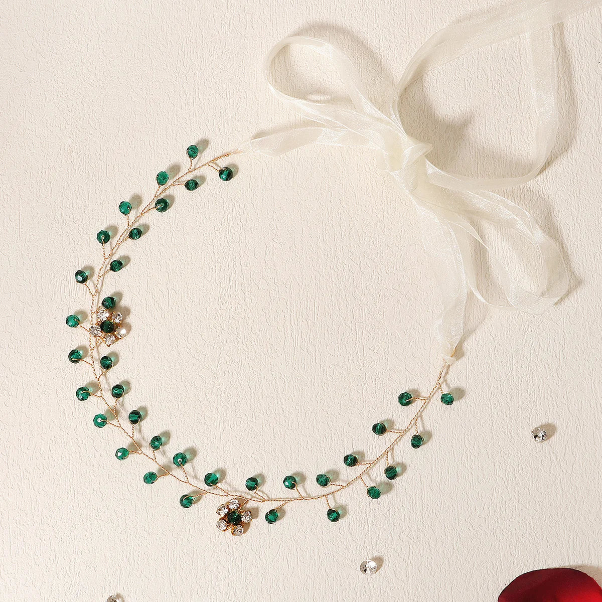 Bohemian Green Crystal Bridal Headband Rhinestone Flower Handmade Wedding Prom Party Girls Hair Vine