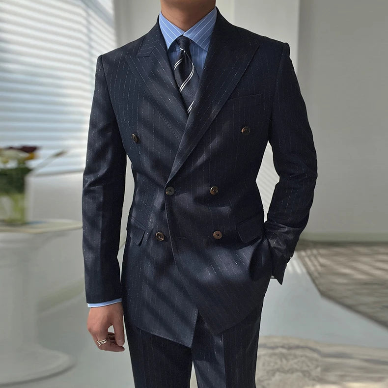 Striped Lapel Slim Double Breasted Banquet Men's Suit Business Workwear Two Piece Upscale Groom's Suit Set