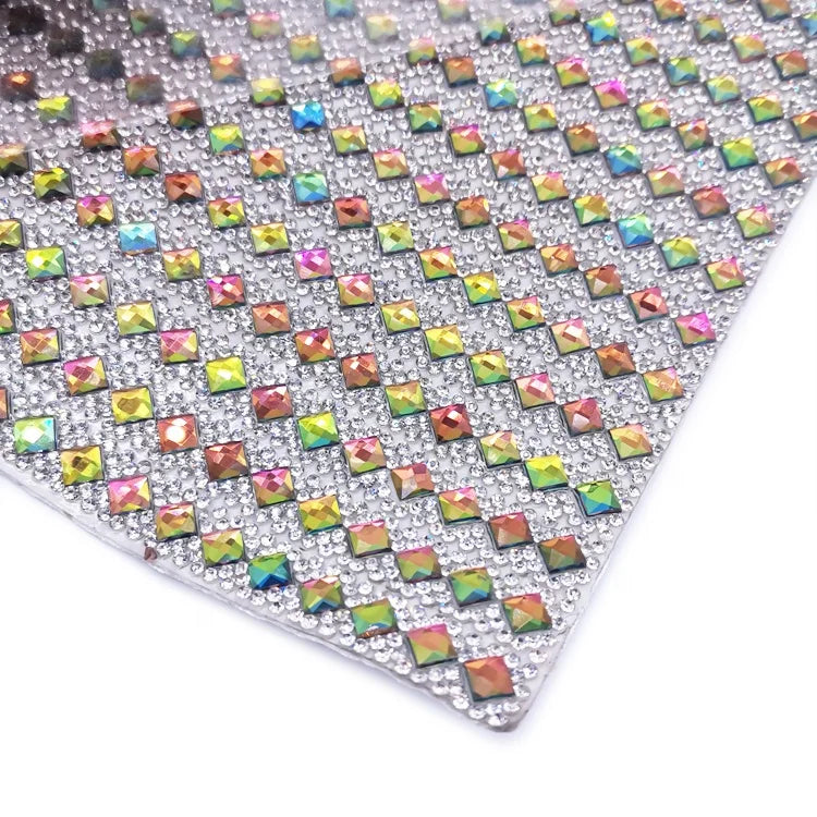 24*40cm Self-Adhesive Rainbow Glass Rhinestone Sheet for Bags Garments Shoes-Decorative Crystal Rhinestone Mesh