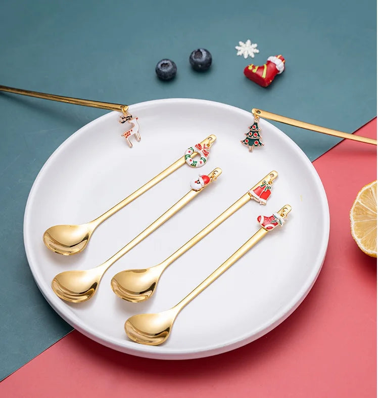 Christmas Teaspoons With Xmas Pendant 6pcs Stainless Steel Gold Stirring Spoon Set