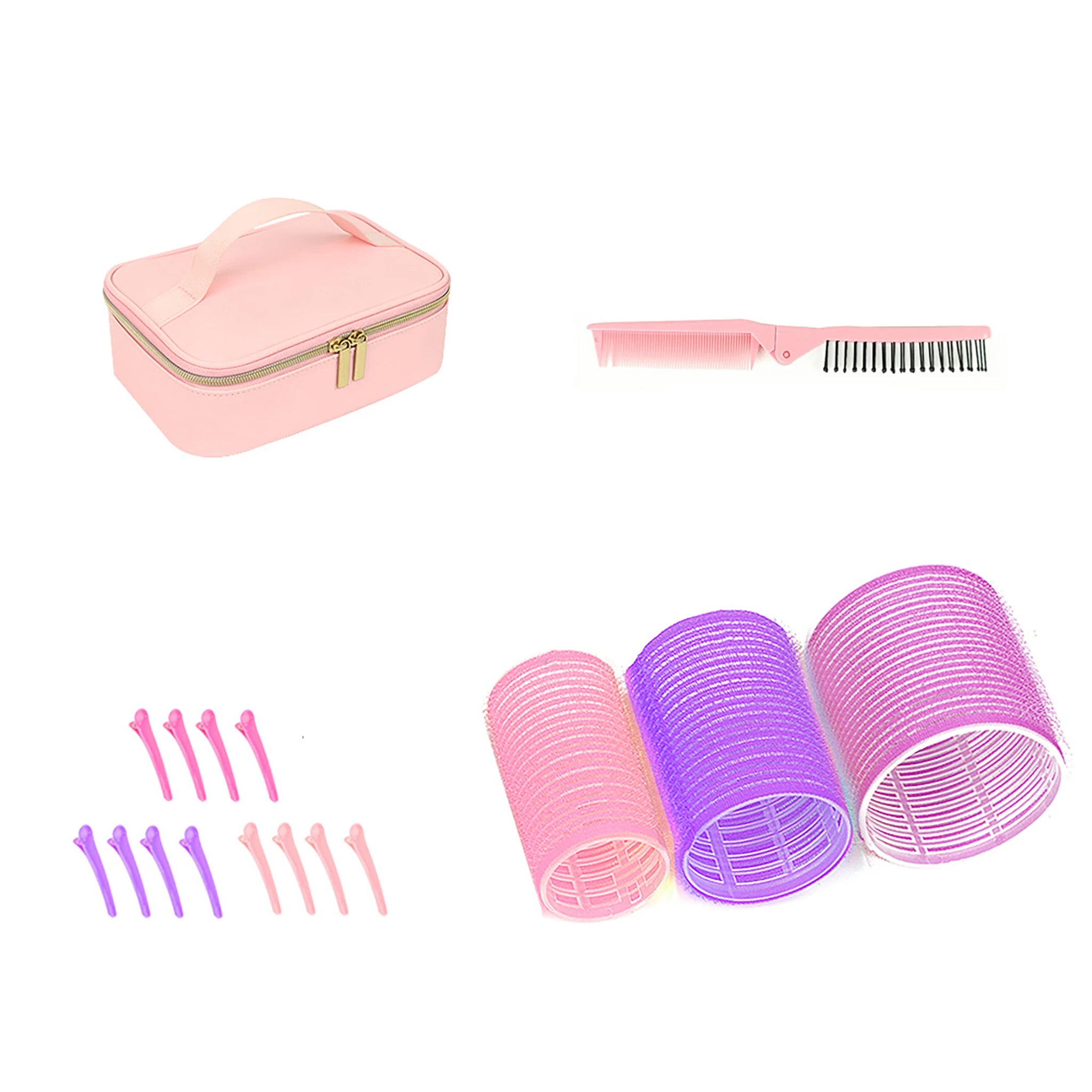 Self-Grip Plastic Hair Curler with Leather Storage Bag DIY Hairdressing Roller and Folding Brush for Home Use