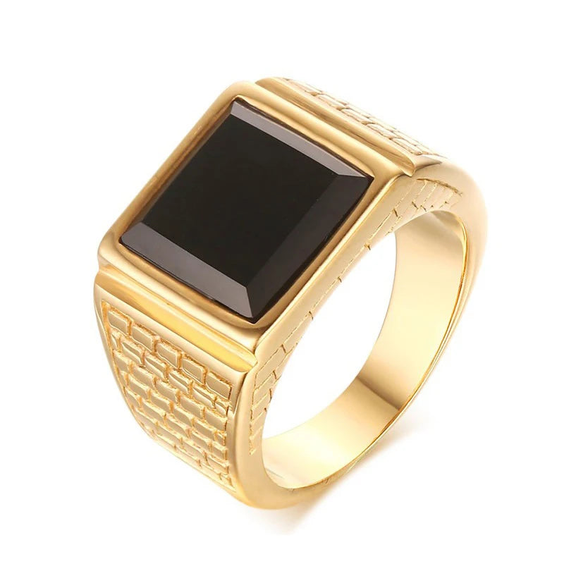 OAHLAN High Polished Black Agate Stone Inlay Gold Plated Stainless Steel Rings for Men Fashion Jewelry