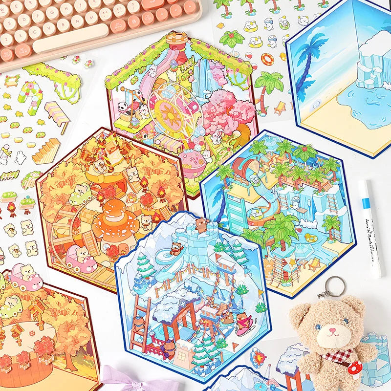3 Sheets Per Pack Four Seasons to You Large Scene 3d Aquascape Stickers Miniature Scene Hut Three-dimensional Stickers