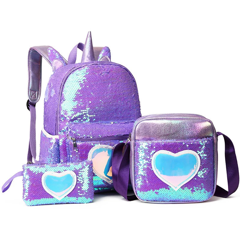 Fashion Shiny Glitter Reversible Sequin Cute Mermaid Backpack Bag Cartoon School Bags Set for Kids Girls