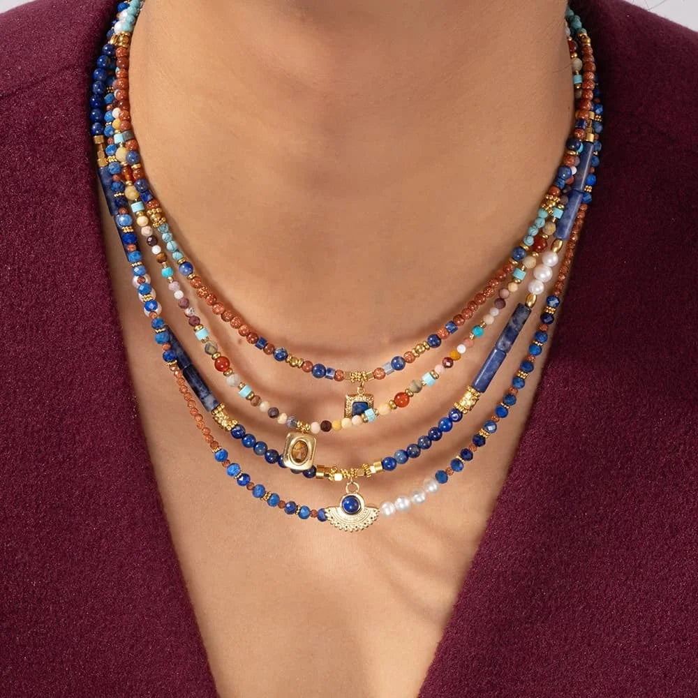 French Style Classic Natural Stone Pendant Necklace with Lapis Lazuli Titanium Steel Beads Sweater Chocker Jewelry