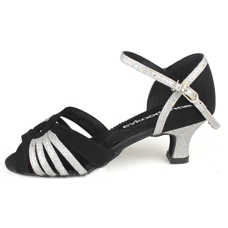 New Arrival Latin Salsa Ballroom Dance Shoes for Women 5cm Heel Black Suede Glitter for Dancing Sports